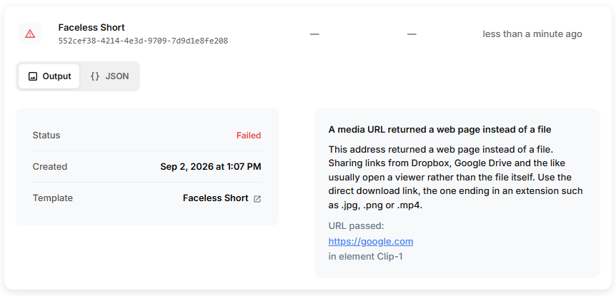 The API Log page showing the intentionally failed render with its error message about the invalid image URL.