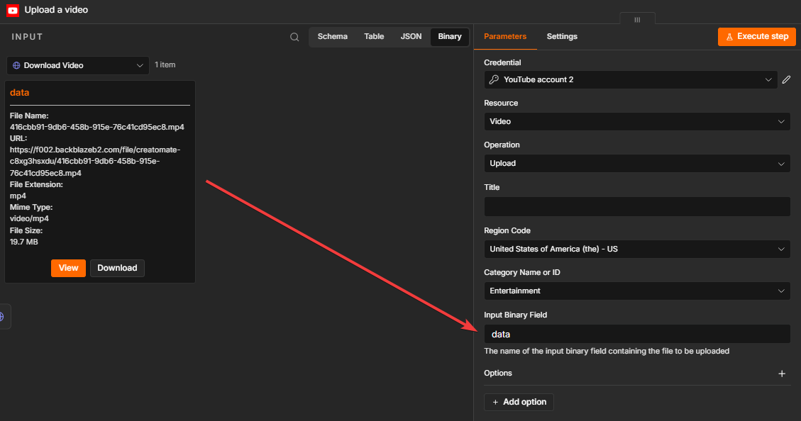 YouTube node configured to upload the binary video file downloaded by the n8n workflow.