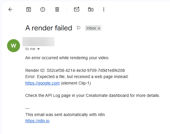 The notification email received for the intentionally failed render, showing its render ID and invalid image URL error.