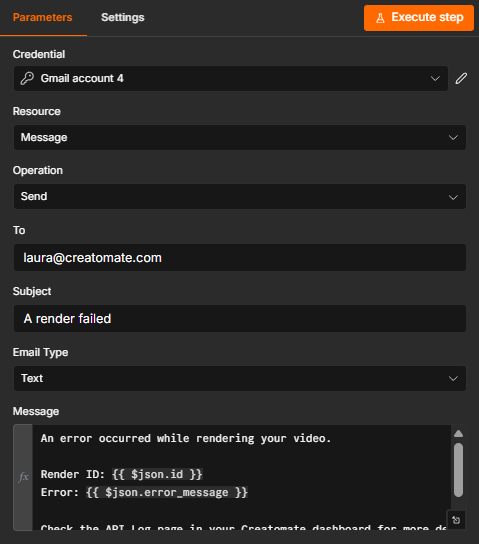The Gmail node configured to send a failed-render notification containing the render ID and Creatomate error message.