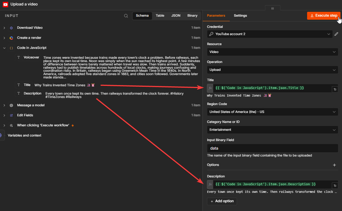 YouTube title and description mapped from the ChatGPT output in n8n.