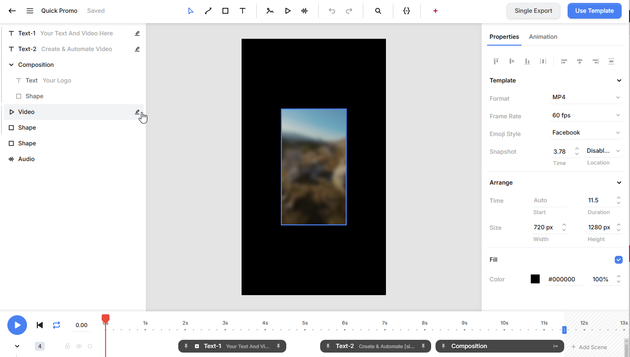 Creatomate video template containing one dynamic video and two dynamic text elements.