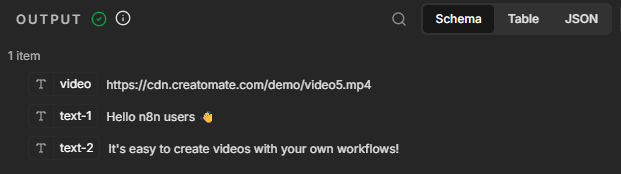 Sample video content returned by the Edit Fields node in n8n.