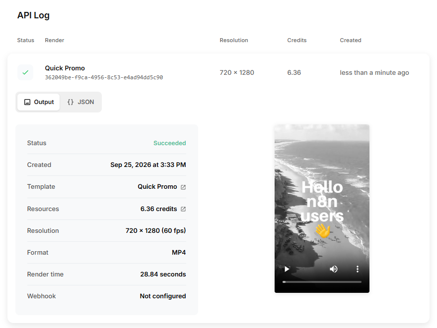 Creatomate API Log showing the status and details of a generated video.