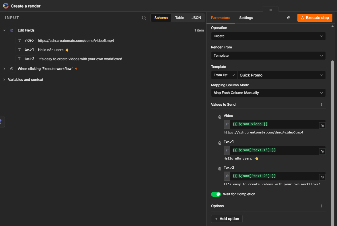 Video and text fields from the Edit Fields node mapped to dynamic elements in Creatomate.