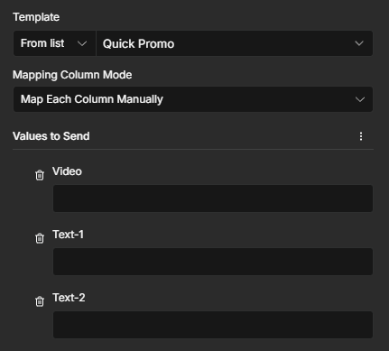 Quick Promo template selected with Video, Text-1, and Text-2 modification fields visible.