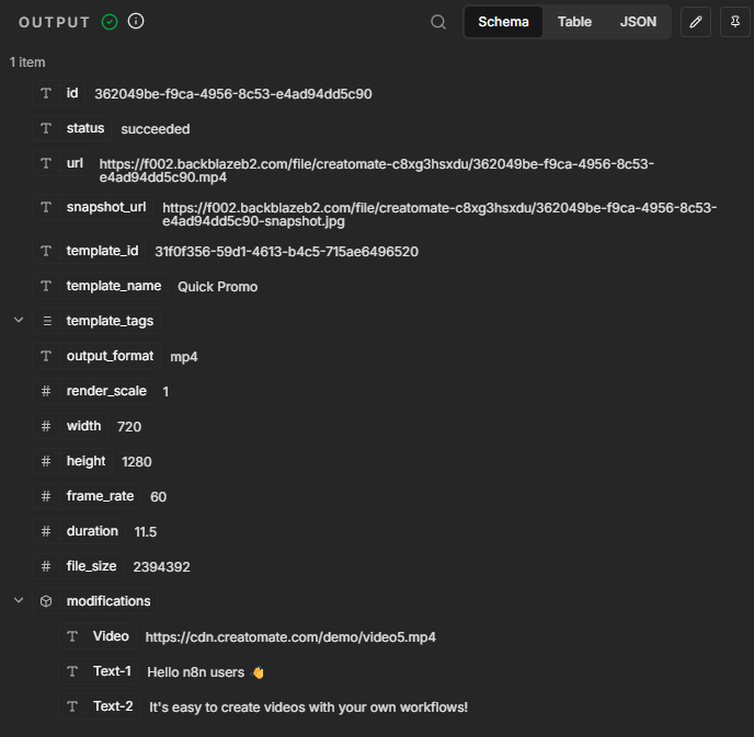 Successful Creatomate video render returned to n8n with its final MP4 URL.