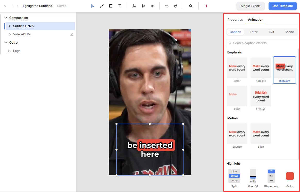 Creatomate caption animation settings for customizable word-by-word subtitles.