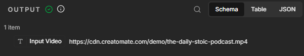 Sample video URL returned by the Edit Fields node in n8n.