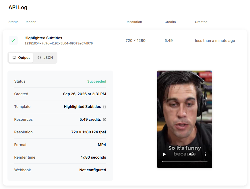 Creatomate API Log showing the status and processing details of a subtitled video.