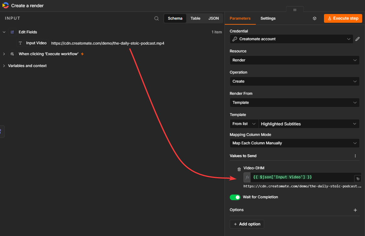 Input video URL mapped to the dynamic video element in the Creatomate n8n node.