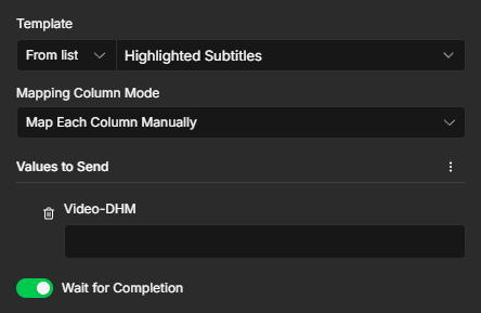 Highlighted Subtitles template selected in the Creatomate node in n8n.