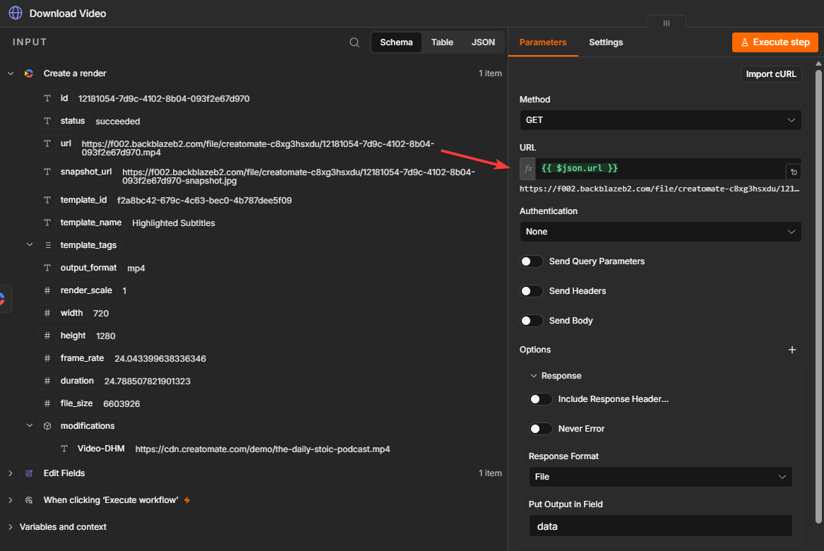 HTTP Request node configured to download the finished subtitled MP4 from Creatomate.