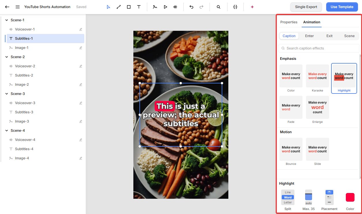 Creatomate Caption animation panel with the Highlight effect, Word split, and maximum caption length settings.