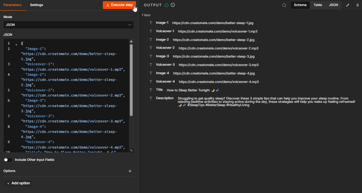 Edit Fields node containing the images, voiceovers, title, and description for an automated YouTube Short.