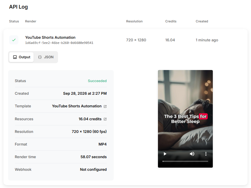 Creatomate API Log showing a successful YouTube Shorts render with its resolution, format, and render time.