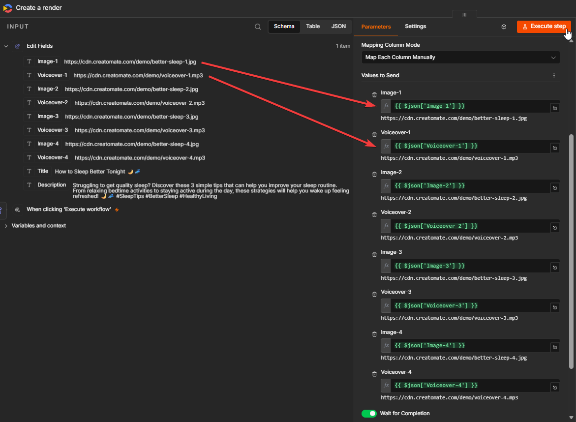 Images and voiceover URLs mapped to the matching dynamic elements in the Creatomate n8n node.