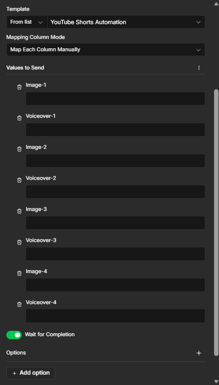 YouTube Shorts Automation template selected in the Creatomate n8n node with its dynamic elements loaded.
