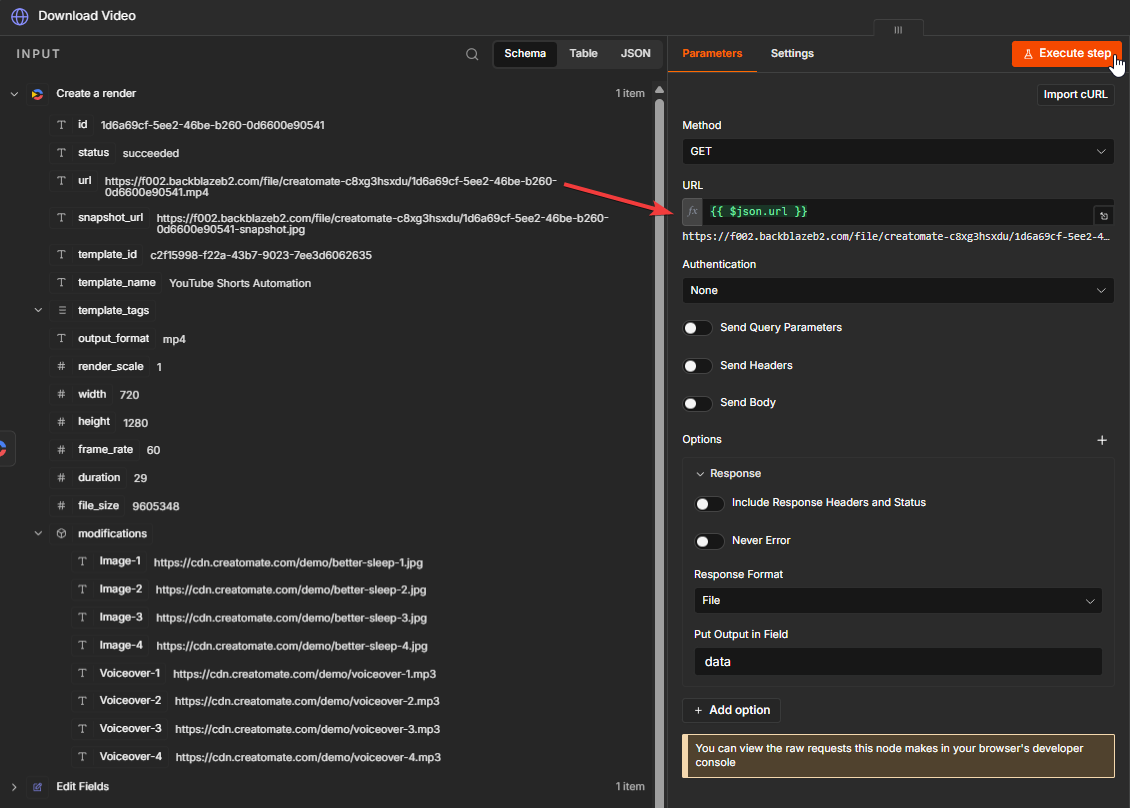 HTTP Request node configured to download the rendered YouTube Short from its Creatomate URL.