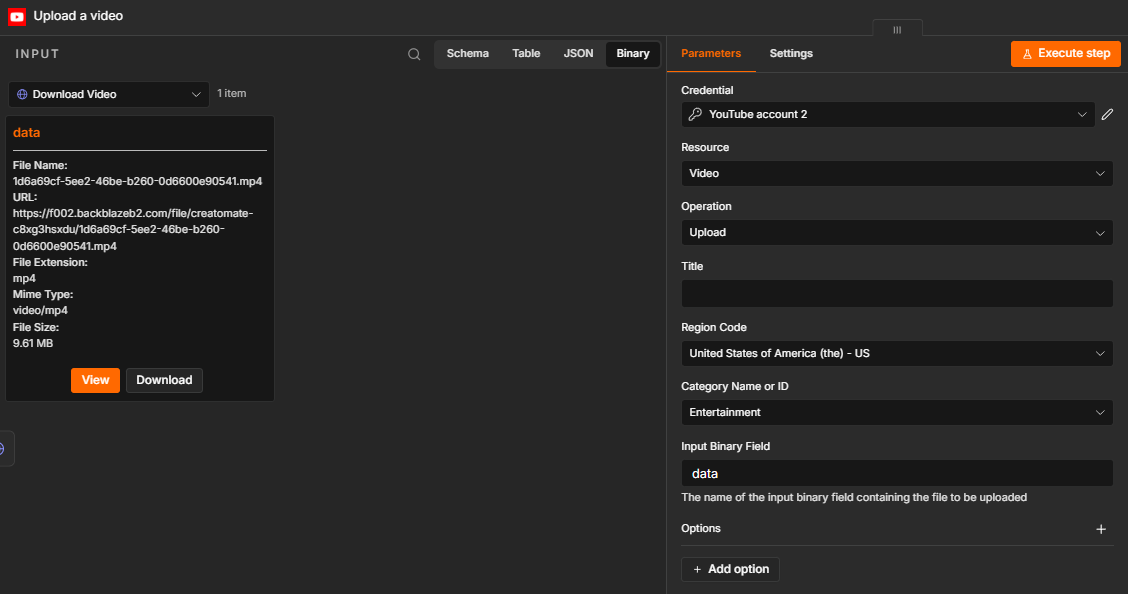 YouTube node in n8n configured to upload the downloaded MP4 as a video.