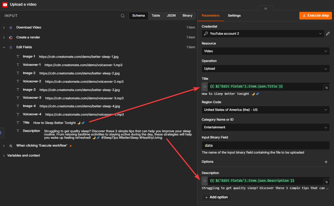 YouTube title and description mapped from the Edit Fields node in n8n.