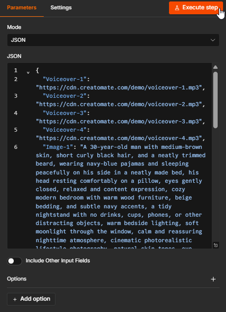 Edit Fields node in JSON mode containing four voiceover URLs and four GPT Image prompts.