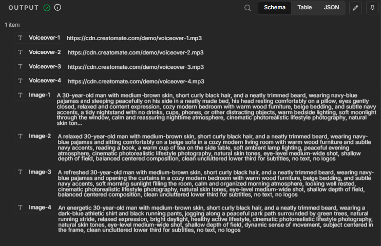 Edit Fields output showing eight fields: four voiceover URLs and four GPT Image prompts.