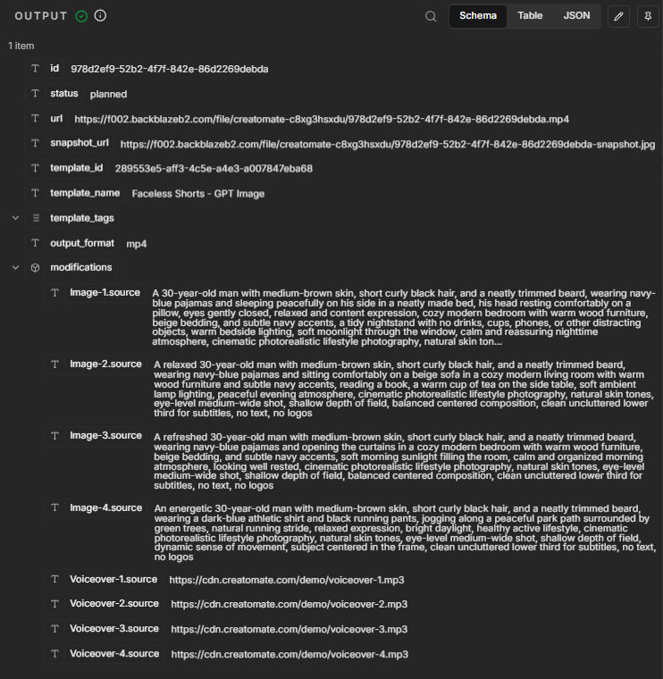 Creatomate API response showing that the GPT Image video render is planned.