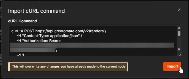 n8n Import cURL dialog containing the Creatomate render request.