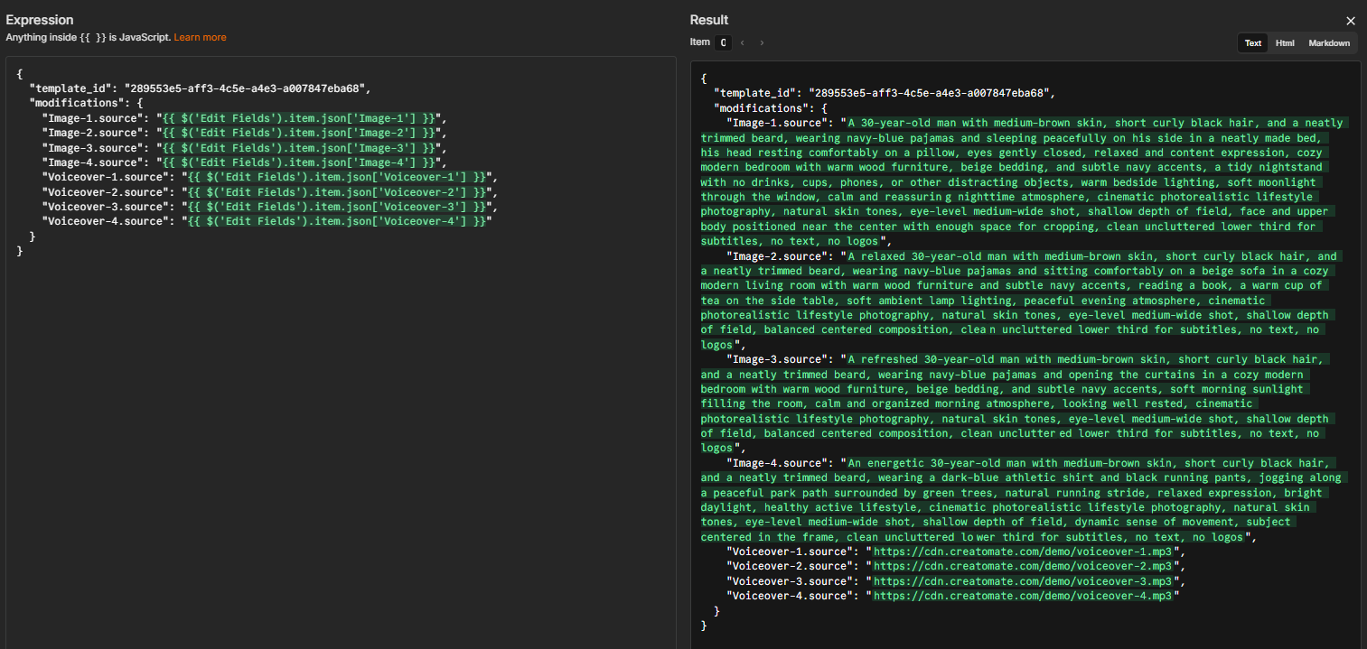 n8n expression editor mapping four image prompts and four voiceover URLs, with their resolved values shown in the Result preview.