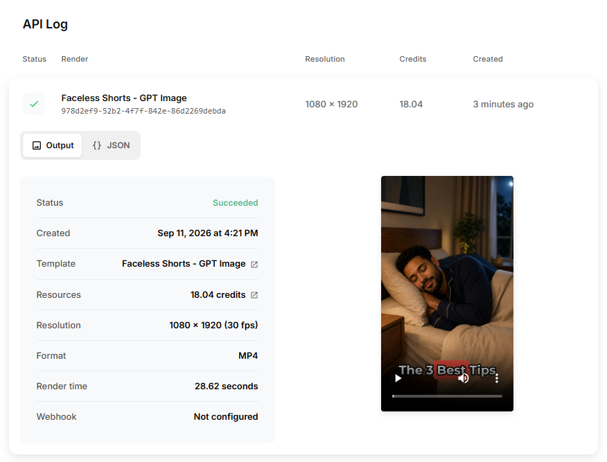 Successful GPT Image video render in the Creatomate API Log.