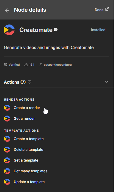 Create a render action available after installing the Creatomate node.