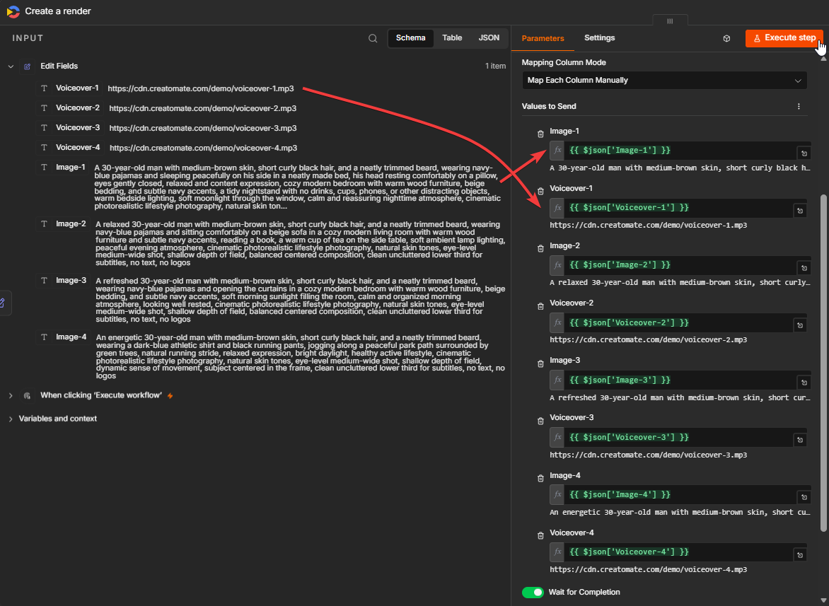 Four GPT Image prompts and four voiceover URLs mapped to the Faceless Shorts template in the Creatomate n8n node.