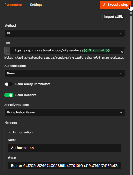 HTTP Request node checking the status of a Creatomate video render.
