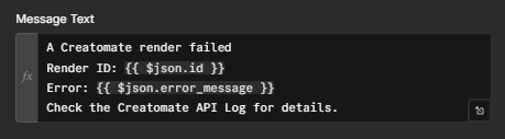 Slack message in n8n configured to report a failed Creatomate render using expressions for the render ID and error message.