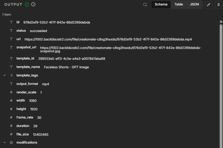Creatomate video render with the status of succeeded.