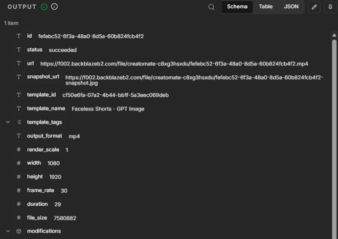 Successful GPT Image video render returned by the Creatomate node with the finished MP4 URL.