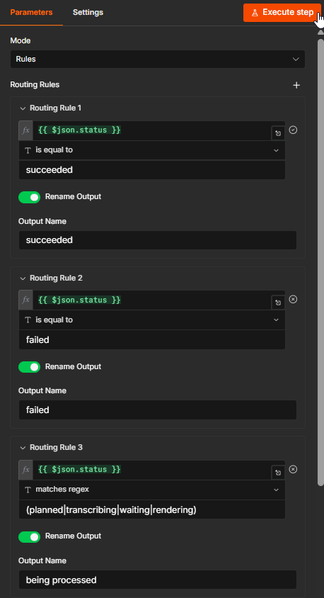 n8n Switch node routing succeeded, failed, and processing Creatomate renders.