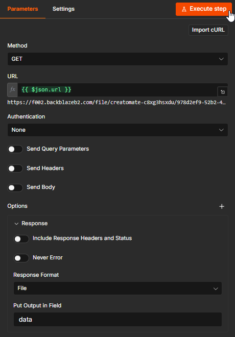 HTTP Request node configured to download the completed GPT Image video as an MP4 file.