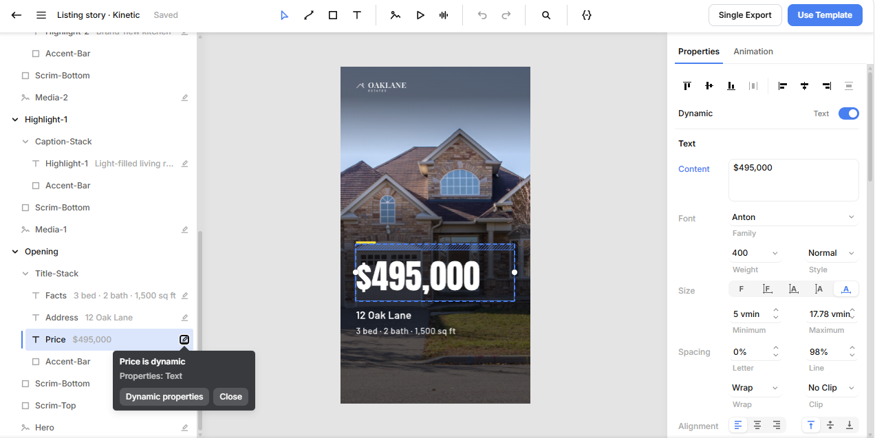 Creatomate editor showing the Price element selected and marked as dynamic in the Listing Story template.