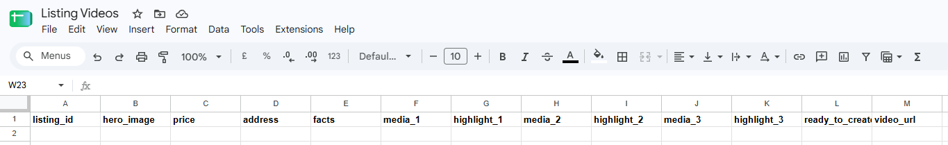 Google Sheets worksheet named Listing Videos with the column headers for one real estate listing video.