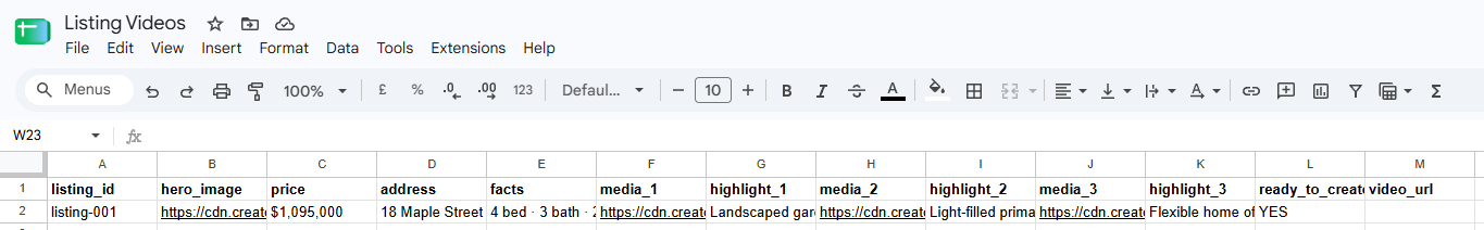 Google Sheets listing data with property details, image URLs, and empty video workflow fields.