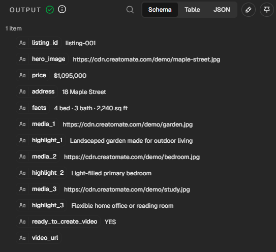 Watch Video Requests output in n8n showing the Maple Street listing data and ready_to_create_video set to YES.