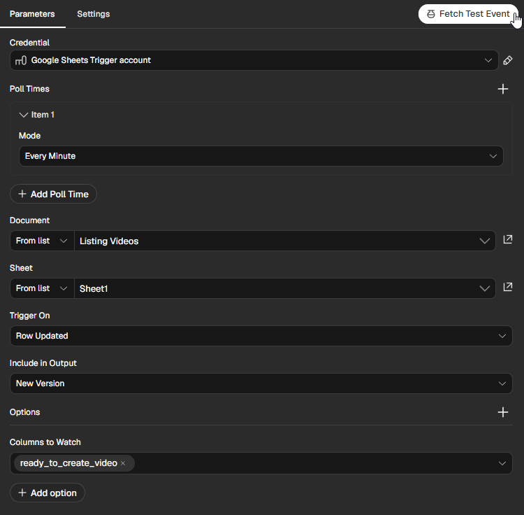 n8n Google Sheets Trigger configured to watch the ready_to_create_video column for video requests.