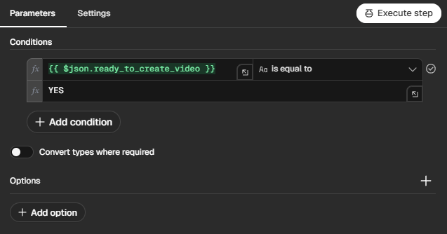 Check Video Request node in n8n configured to pass rows where ready_to_create_video equals YES.