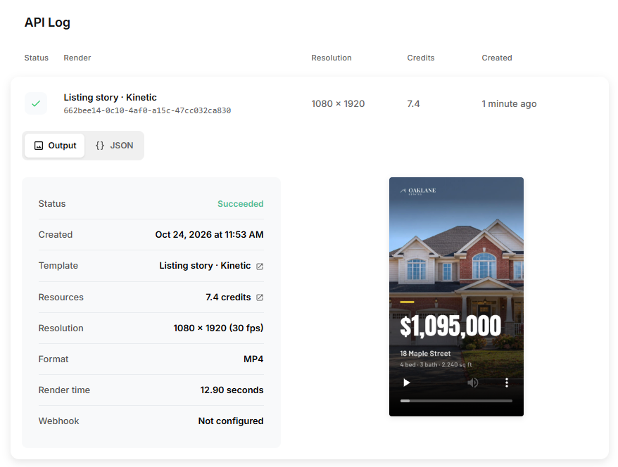 Creatomate API Logs showing a successful Listing Story render created by the n8n workflow.