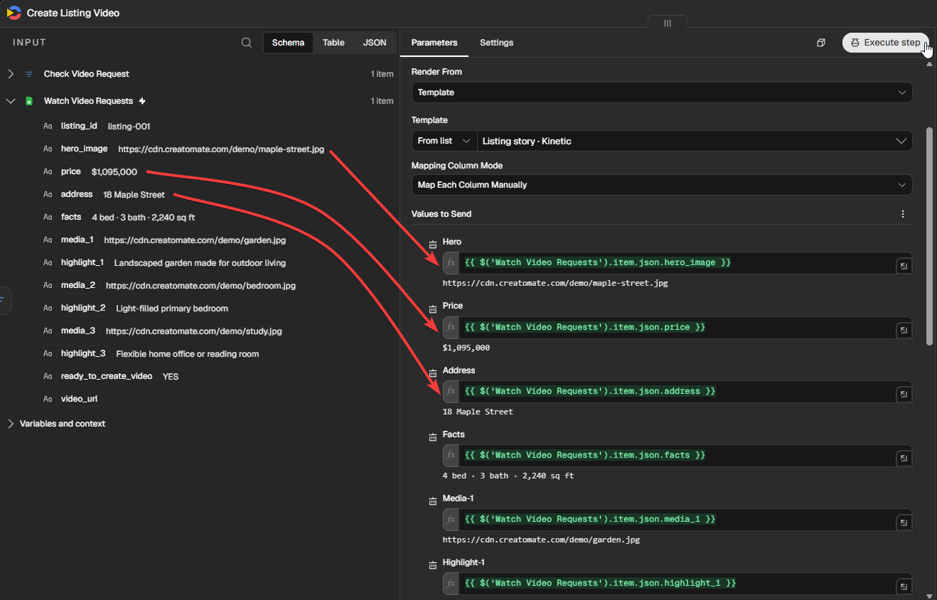 Creatomate Listing Story fields manually mapped from a Google Sheets listing row in n8n.