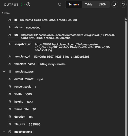 Successful Create Listing Video node in n8n showing the completed Creatomate render URL.