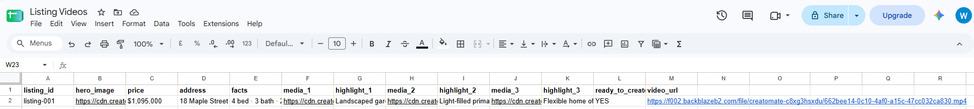 Google Sheets row for listing-001 updated with a completed video URL.