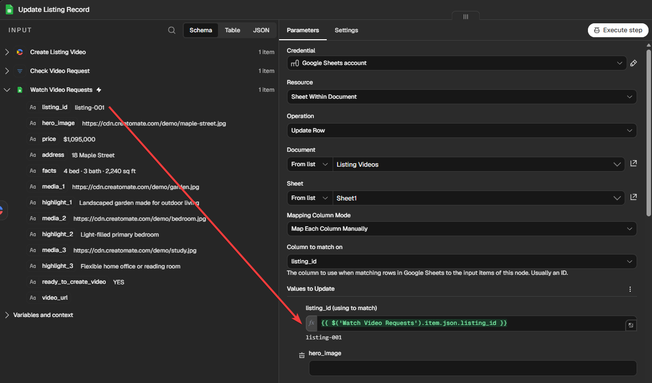 n8n Google Sheets node configured to find a listing row by its listing ID from the Watch Video Requests node.